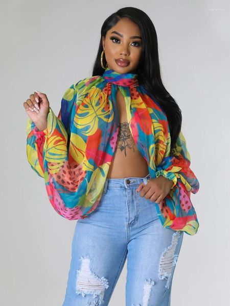 Blusas de mujer HAOYUAN Blusa de gasa con estampado multicolor Mangas de murciélago Camisas sin espalda Ropa de verano para mujer 2023 Tops irregulares transparentes sexy