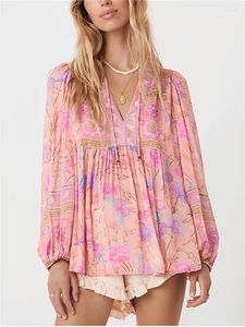 Blouses de femmes Happie Queens Fashion Femmes Pink Floral Tie imprimé Col Bohemian Shirt Ladies Long Sheon Boho Shirts Blusas Tops