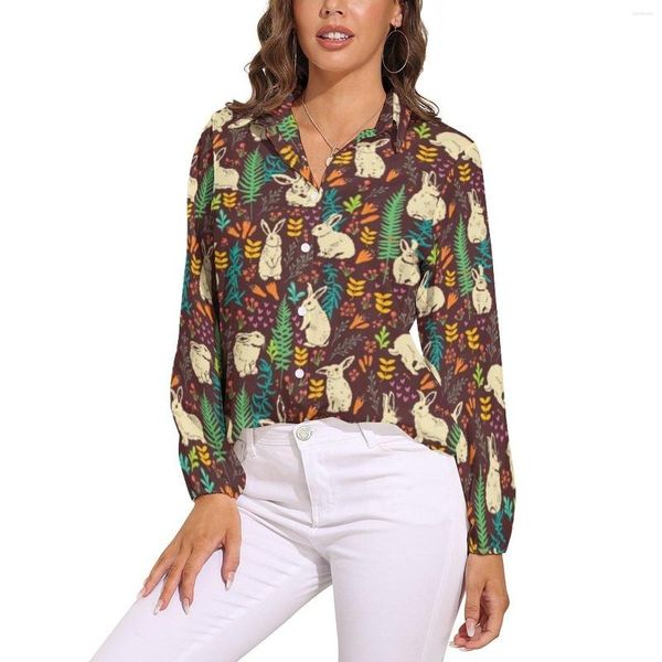 Blouses pour femmes Chemisier de Pâques joyeux motif floral avec des lapins blancs Design mignon femme chemise décontractée à manches longues automne hauts surdimensionnés