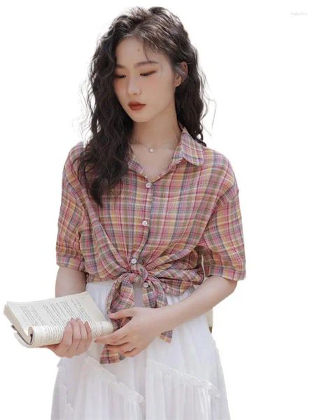 Blouses féminines Harajuku 2024 Shirt Summer Coton Linen Plaid Top Casual Daily Commuting Fashion T-shirt Red Plus Size Beach