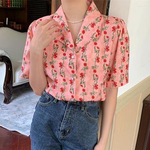 Blusas de mujer Harajuku moda coreana calle cuello con muescas señoras rosa Floral botón Up camisa mujer 2XL verano Tops Casual suelta