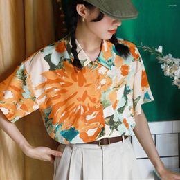 Blusas de mujer Harajuku grande 2XL flor naranja pintura al óleo Vintage botón arriba camisa suelta Casual Oficina señoras Tops Kawaii verano hawaiano