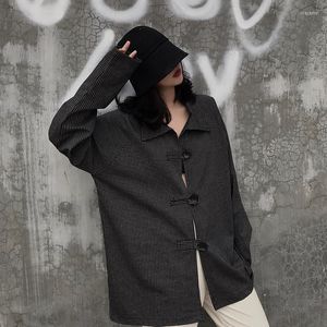 Blouses voor dames Harajuku Style Dark Black Chinees Retro Design Verticale strepen losse lange mouwen shirt reversjas