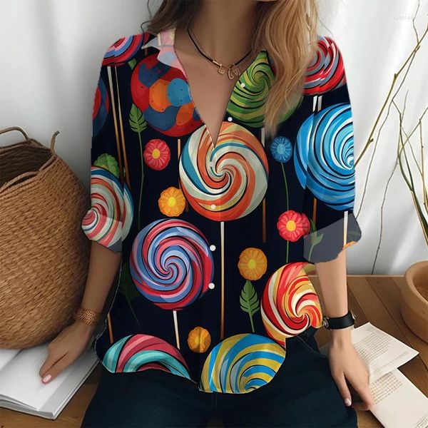 Chemisiers pour femmes Style Harajuku Sweet Lollipop 3D imprimé chemise à manches longues printemps et automne en plein air décontracté femme bouton de revers