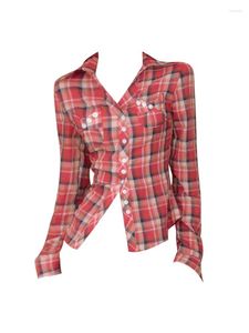 Blouses pour femmes harajuku femmes basique Plaid Overshirt Sleeve élégante Bureau vintage Lady Red Casual Polo-Neck Shirts Y2K Streetwear