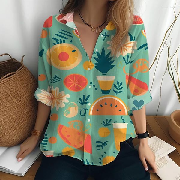 Blusas de mujer Hawaii Beach Style Shirt Fruit 3D Impreso Tops Loose Casual Tamaño grande Manga larga Primavera Otoño