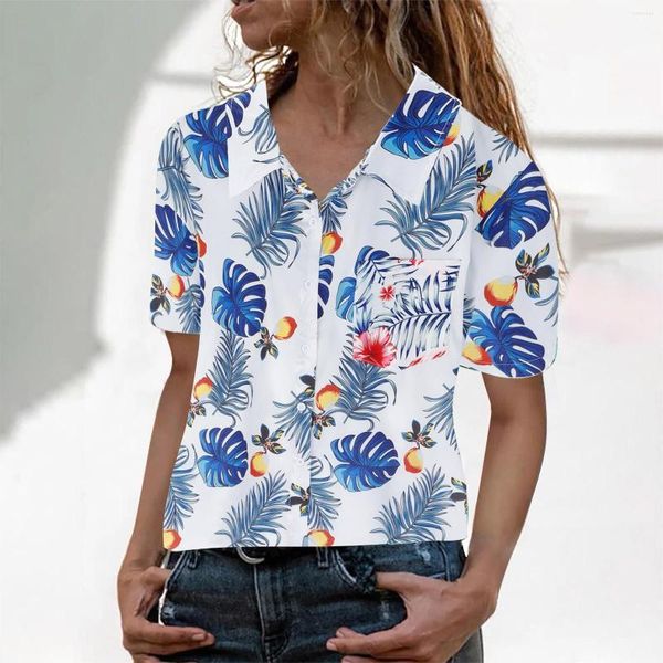 Blusas de mujer Camisa hawaiana Damas Casual Hojas Flores Blusa estampada con bolsillo Top Solapas de verano Camis de playa de un solo pecho