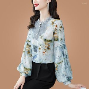 Blouzen voor dames zware blouse zijden shirt vrouwelijk 2023 lente mode inkt afdrukken houten oor losse temperament moerbei