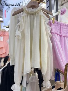 Blouses pour femmes Heavy Duty Halter Collier de perles Chemise à épaules dénudées Femmes 2024 Été à la mode Mince Français Blouse ample Haut élégant