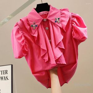 Chemisiers pour femmes Heavy Industry Color Beaded Turn Collar Blouse Femmes Diamond Ruffled Stitching Puff Sleeve Short Sleeves Shirt All-Matching