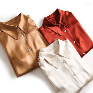 Damenblusen Schwere Seidenbluse Damen Satin Langarm Drapiertes rotes Hemd 2022