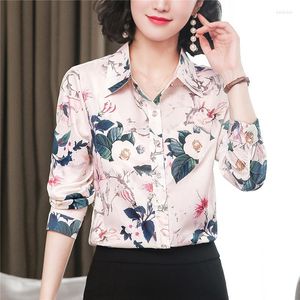 Damesblouses high-end seizoen runway beige rose print revers kraag lange mouw vrouwen mooi temperament ol werkkleding boven shirt blouse