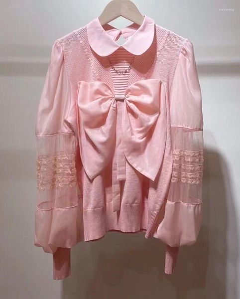 Blouses pour femmes de haute qualité marque 2023 automne hiver mode rose Beige noir Blouse dames grand nœud déco tricoté hauts femme