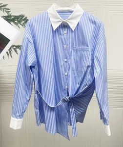 Chemises de marque de haute qualité pour femmes 2024 Spring Pink Blue Blue Dames Rendre le col Striped Imprime