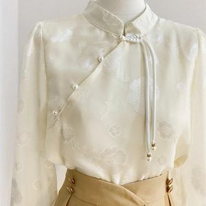 Chemisiers pour femmes de haute qualité Style chinois col montant chemises à boutons pour printemps automne élégant Jacquard top en mousseline