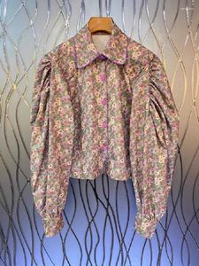 Blouses van dames hoogwaardige katoen shirts 2023 herfst modestijl blouse dames turn down kraag paarse bloemenprints lange mouw