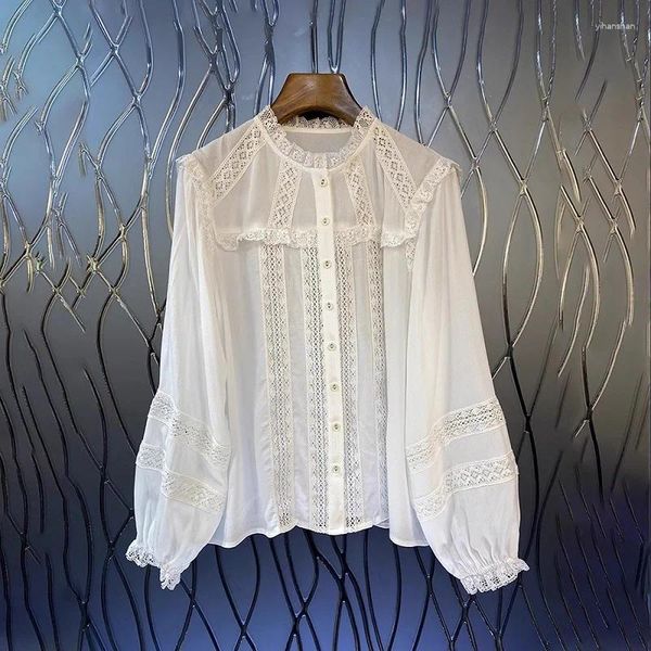 Blusas para mujeres camisas de algodón de alta calidad 2024 Fashion de primavera Damas de encaje Bordado Posjo de manga larga Elegante camisa blanca suelta