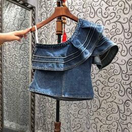 Blouses voor dames hoogwaardige denim tops 2023 zomer mode dames sexy een schouder ruches deco casual short mouw jeans katoen