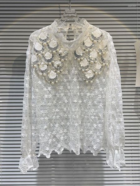 Blusas de mujer Moda de alta calidad 2023 Camisa de diseñador Perla Lentejuela Diamantes Encaje con cuentas