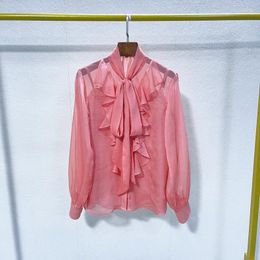 Blusas de mujer de alta calidad elegante camisa con lazo de encaje con volantes regalo rosa correa interior perspectiva superior ropa delgada primavera 2023