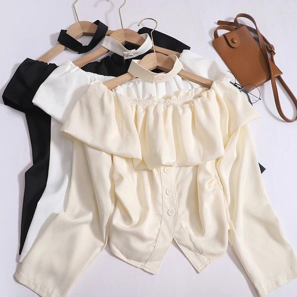 Blouses Femmes Haute Qualité Slash Cou À Volants Chemise À Poitrine Simple Pour Femme Automne Fille Douce Et Épicée Blouse Courte Noir Blanc Haut