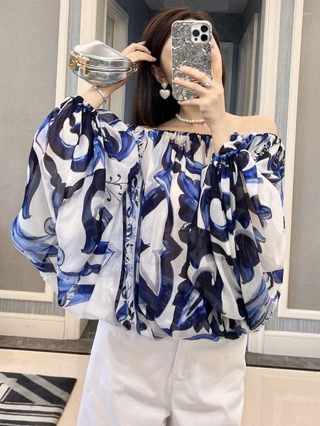 Chemisiers pour femmes Chemises en soie pour femmes de haute qualité Mediterran Blue White Porcelain Print Loose Sleeves Blouse Fashion Runway Vacation