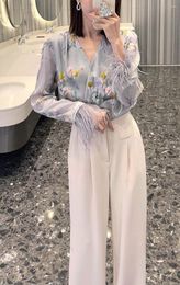 Damesblouses Hoge kwaliteit dames elegante echte zijde bloemen bedrukte blouse met lange mouwen Fashion Lady All Match V-hals Pullover Top Shirt