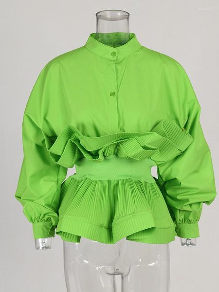 Damesblouses HIGH STREET Est Fashion 2023 Designer Blouse Staande hals Bubble Sleeve Ruffled Shirt Top