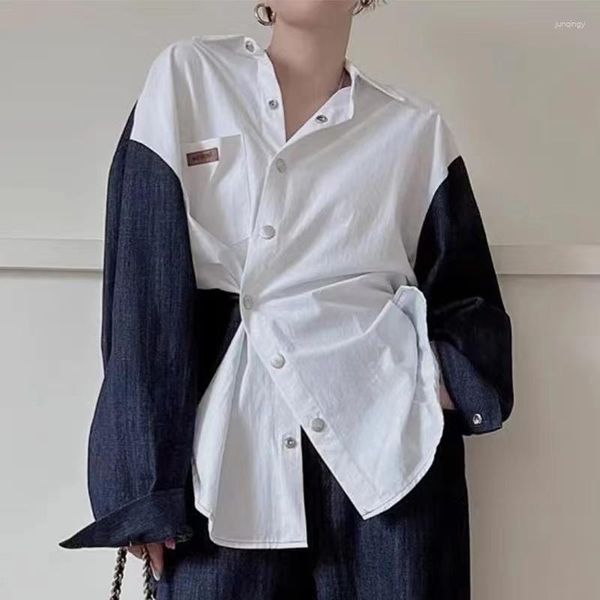 Blusas de mujer High Street Coreano Chic Otoño Primavera Denim Patchwork Camisa blanca Vintage Mujer Solapa Botones de metal Hit Color Blusa suelta