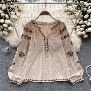 Damesblouses hikigawa chic mode bloemen borduurwerk lange mouwen vrouwen shirts katoen linnen casual los alle match v necy blouse tops