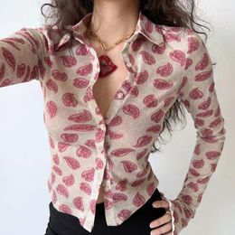 Blusas de mujer Hikigawa Chic Moda Mujer Americana Vintage Slim Turn Down Collar Estampado Camisas Ropa de calle sexi Blusa de manga larga Tops