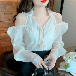 Chemisiers pour femmes Hikigawa Chic Mode Femmes Chinois Grenouille Chi-pao Style Chemises Eelgant Tempérament À Manches Longues Hors Épaule Blouse Tops Mujer