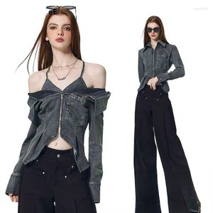 Chemisiers pour femmes Hikigawa Chic Mode Femmes Streetwear Doux Cool Y2k Chemises En Couches Casual Taille Haute Fente Slim Zipper Denim Vestes Top