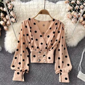 Chemisiers pour femmes Hikigawa à manches longues Chic Fashion Blouse Dot Print Vintage Shirt Slim All Match Casual Double Breasted Tops Blusas Mujer De