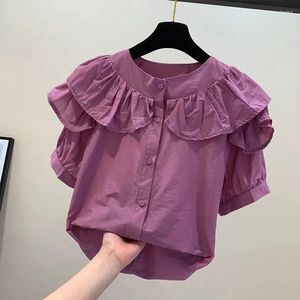 Damesblouses Hikigawa Zomer Chique Modeblouse O-hals Vintage Effen Elegant Overhemd Ruches Alle Match Casual Zoet Blusas Mujer De Moda