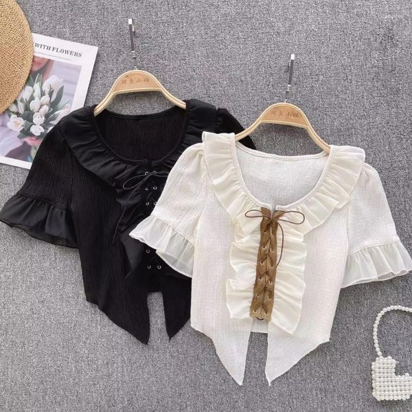 Blouses pour femmes Hikigawa été Vintage Chic mode Blouse à volants Patchwork chemise Bandage Slim décontracté à manches courtes hauts Blusas Mujer De