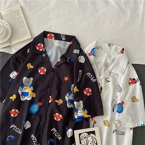 Vrouwen Blouses Hip Hop Japan Kawaii Retro Beer Grafische Button Up Shirt Turn-down Kraag Korte Mouw Zomer Grote 2XL Harajuku Tieners