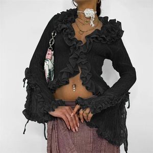 Damesblouses Hirigin Dames Y2k Shirt met lange mouwen, ruches, Sexy, doorzichtige mesh, doorzichtige cropped top, fee, diepe v-hals, T-shirt, streetwear