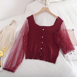 Blouses pour femmes HISUMA Automne Manches Bouffantes Femmes Bling Sequin Perle Maille Gaze Tricoté Chemise De Base Dame Élastique Mince Pull À Volants Blouse