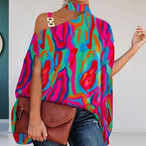 Blouses Femmes Holifeni Vintage Motif Imprimé Pull Blouse 2024 Automne Élégant Couleurs Riches Lâche Baggy Une Épaule Femmes Lady Shir