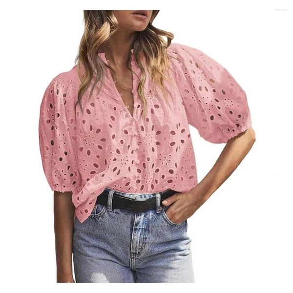 Blusas de mujer Diseño hueco Top de mujer con manga de globo Elegante cuello en V Linterna Patrón de flores Tops de encaje