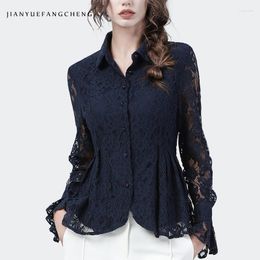 Blouses Hook Flower Hollow Lace Top Vrouwen 2023 Herfst Lange Mouw Turn Down Collar Elegant Slim button-Down Shirt Frans