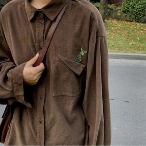 Blouses Femmes Houzhou Automne Vintage Manches Longues Chemise Marron Harajuku Oversize Corduroy Anime Blouse Femmes Style Coréen Streetwear Top