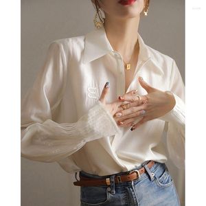 Damesblouses houzhou elegante vintage shirts dames luxe luxe lange mouw kantoor dames satijn top esthetisch Koreaanse mode witte blouse vrouw