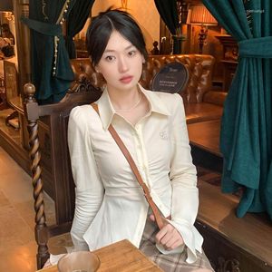 Blouses pour femmes HOUZHOU Vintage à manches longues chemises minces femmes mode coréenne esthétique plissé printemps décontracté haut bleu élégant Harajuku