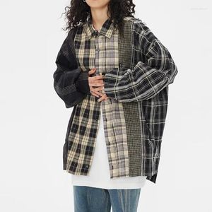 Chemisiers pour femmes HOUZHOU Vintage Patchwork Plaid Shirt Femmes Cardigan Top Grunge Style Coréen À Manches Longues Lâche Bouton Up Casual Streetwear