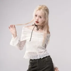 Women's Blouses Houzhou White Off Schouder Chiffon Women Elegante en jeugdige chique Koreaanse mode lange mouw shirts esthetische vintage
