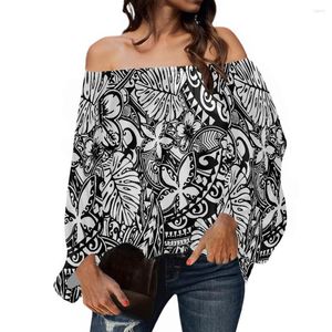 Women's Blouses Hycool Polynesische zwarte tops voor vrouwen Fashion Samoan Tribal Tattoo Print Casual Elegant Blouse Off Shoulder Top Puff Sleeve