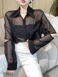 Blouses pour femmes Hzirip Sexy Full Sleeve Murffon Shirts Femmes Solide 2023 Été Tous Match Streetwear Fashion Lady Loose Casual Mujer Tops