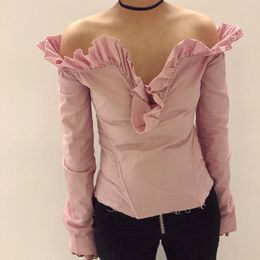 Blouses pour femmes IHOBBY rose épaules dénudées chemise à volants Design de mode col dos à lacets chemisier à manches longues